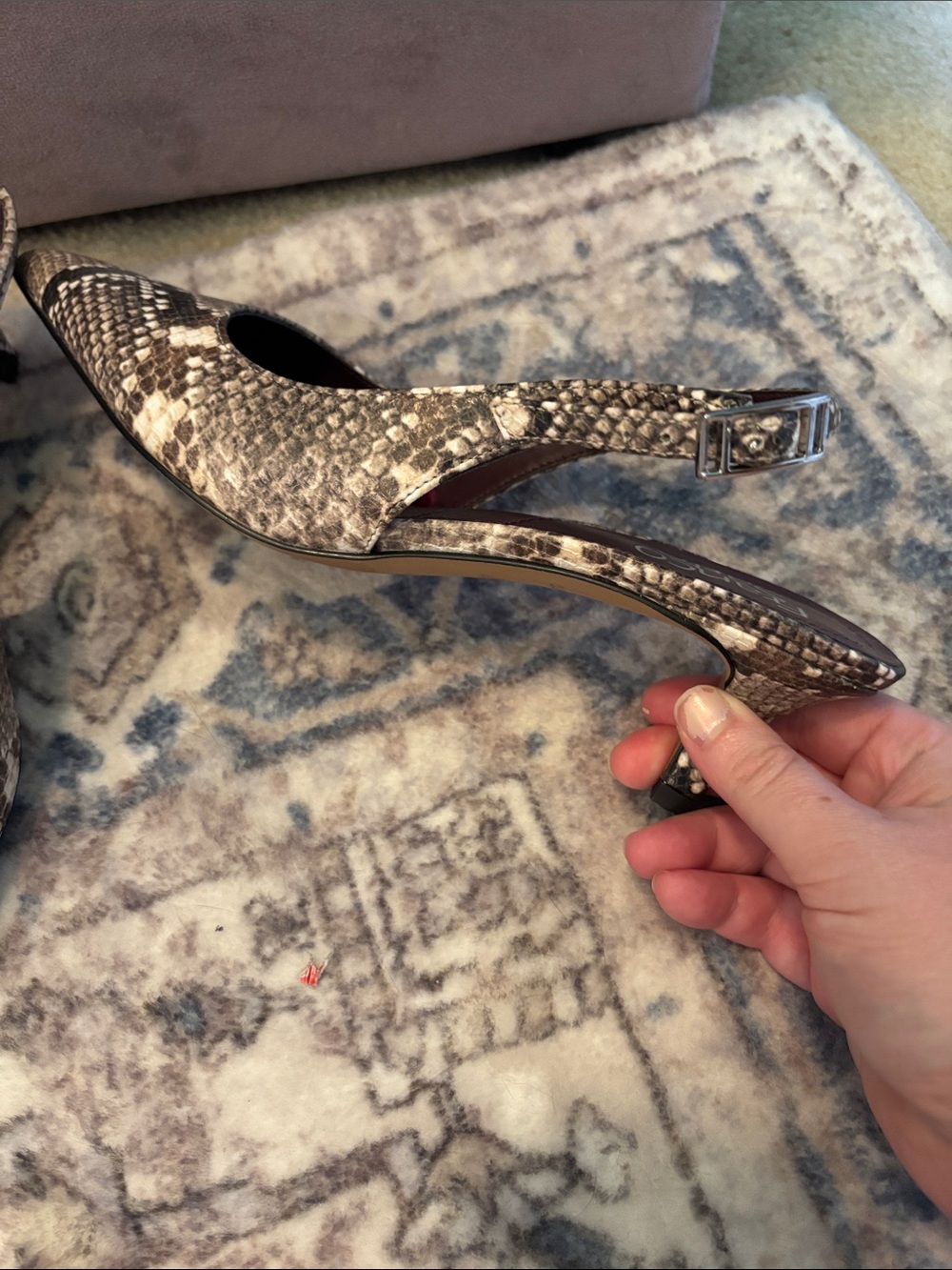 Franco Sarto Taupe and Black Snake-Print Pointed Slingback Heels - Picture 3 of 4